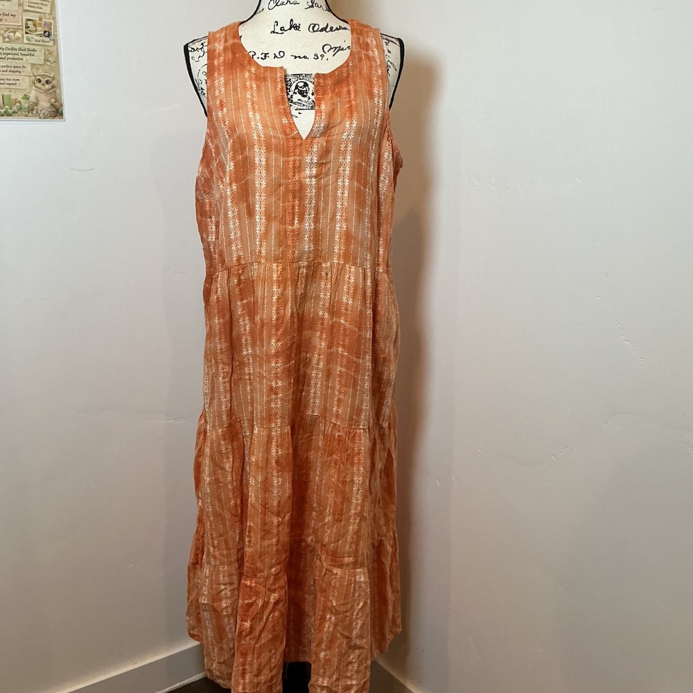 J. Jill Boho Tiered Maxi Dress Orange Cotton Striped Floral Pockets Large Petite